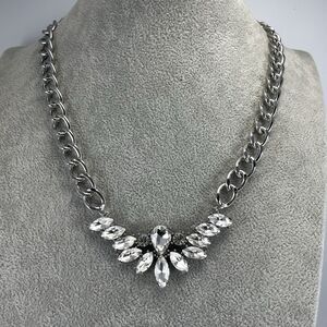 Stunning Silver Tone White Glass Marquise Cut Bib Collar Bling Necklace